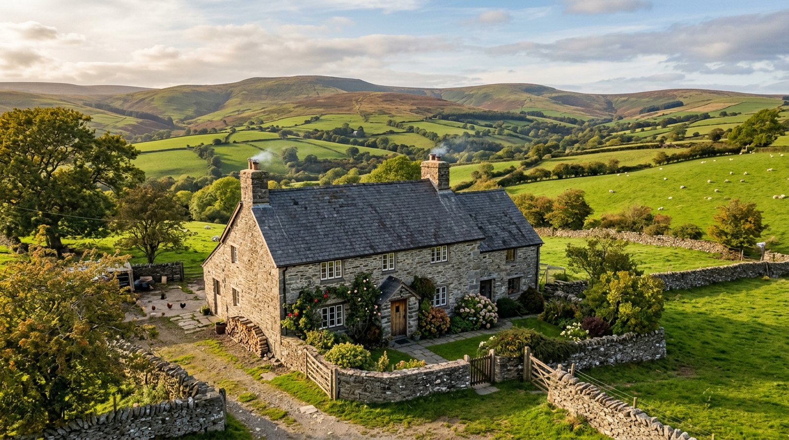 Traditional Welsh stone farmhouse with natural slate roof in the Mid Wales hills